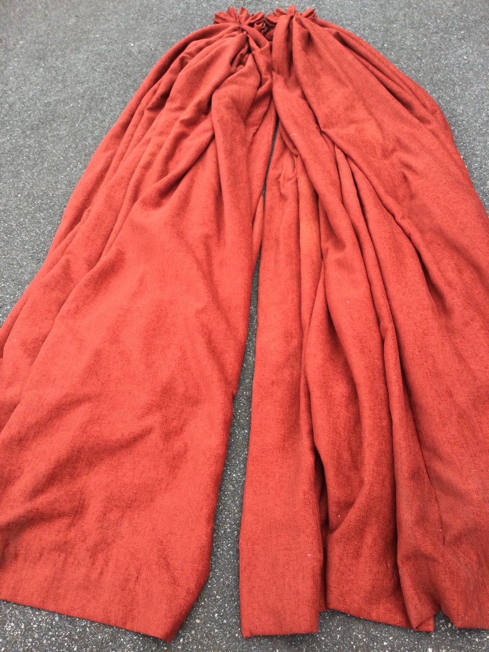 A pair of long thick red lined mohair type curtains. (106in) (2) - Image 2 of 3