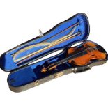 A cased 1930s German full sized violin, with two bows. (23.5in)