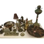 Miscellaneous brass & copper including a nineteenth century oil lamp, a school bell, ornaments, a