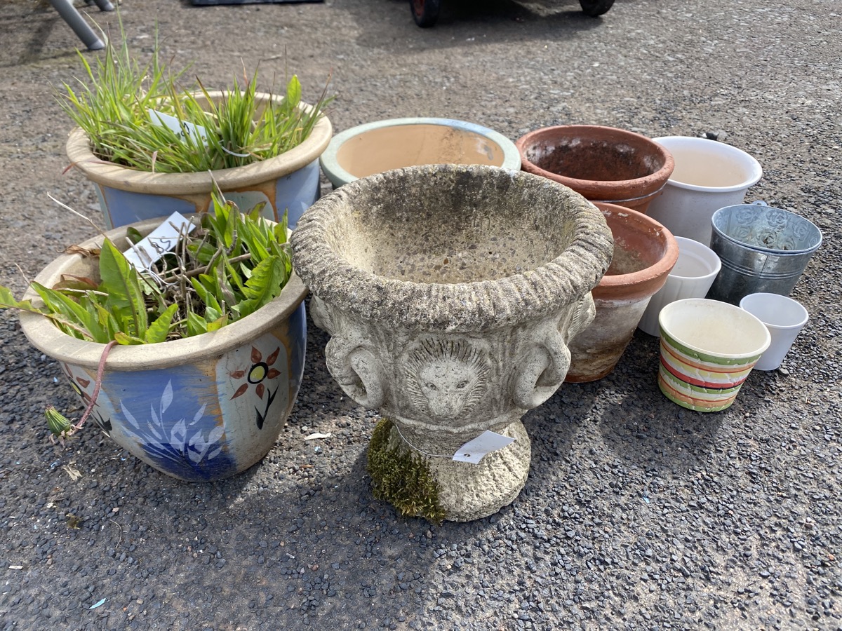 A composition stone urn moulded with rings & lionheads; three glazed garden plantpots; and other - Image 2 of 3