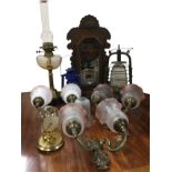 Miscellaneous items including a late Victorian oil lamp with floral painted decoration to fluted