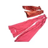 A pair of red velvet lined curtains - 52in; and a pair of long red embossed cotton curtains -