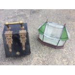 A Victorian fireside purdonium coal scuttle with angled lid & brass mounts; and a leaded glass