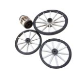 A pair of small painted antique wheels with shaped wood spokes and iron rims - 20.24in dia; a single