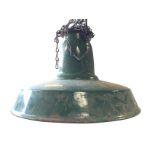 An industrial type green enamelled light shade supported by chain. (18in)