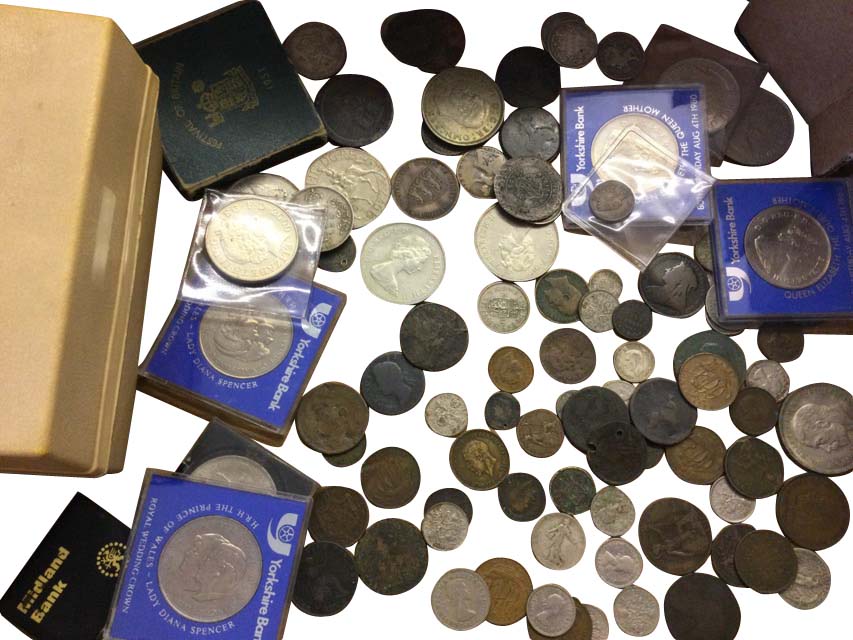 A collection of coins including crowns, old pennies, halfpences, sixpence, copper & silver, some