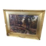 Joseph Farquharson, coloured print, wooded landscape with track, signed in print, titled Evening the