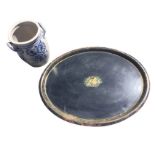 A large Victorian toleware tray with floral decoration having gilt rim - 30in; and a European