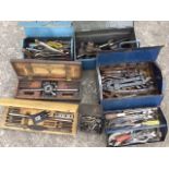 Three metal toolboxes full of tools, tap & die sets, spanners, pliers, nuts & bolts, wrenches,