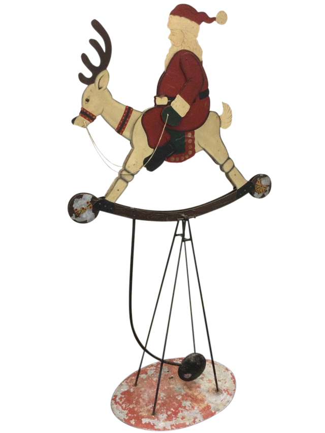 A large 6ft 8in tall metal Father Christmas display rocking reindeer, the weighted figure with