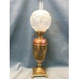 A Victorian brass & copper oil lamp with fluted acid etched globe shade framing chimney and twin-