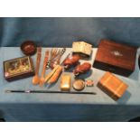 Miscellaneous treen including a Victorian rosewood box with mother-of-pearl inlay, a Swiss cabin