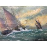 Oil on canvas, marine scene with two sailing boats in choppy seas, unsigned, in gilt & gesso