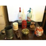 Miscellaneous items including a 1926 Liptons commemorative brass tea caddy, a pair of glass soda-