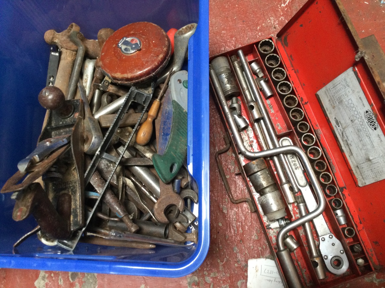 Miscellaneous tools including two cased socket sets, wood handled augers, spanners, hammers, a - Image 2 of 3