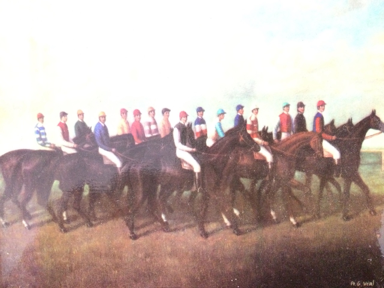 A nineteenth century style gilt framed porcelain panel depicting mounted racehorses after Veal dated - Image 2 of 3