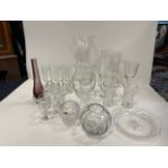 Miscellaneous glass including vases, an octagonal jug, Dartington, a set of six waisted schooners, a