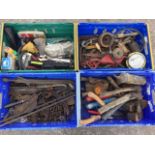 Miscellaneous tools including axes, spanners, pulleys, a jack, pumps, a pressure gauge, nuts &