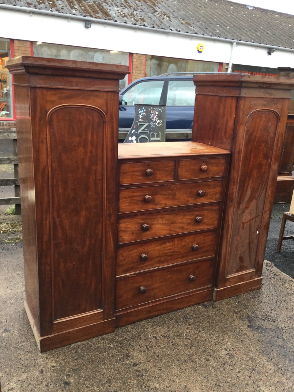 A nineteenth century mahogany sentrybox wardrobe, with pair of arched panelled door hanging - Image 2 of 3