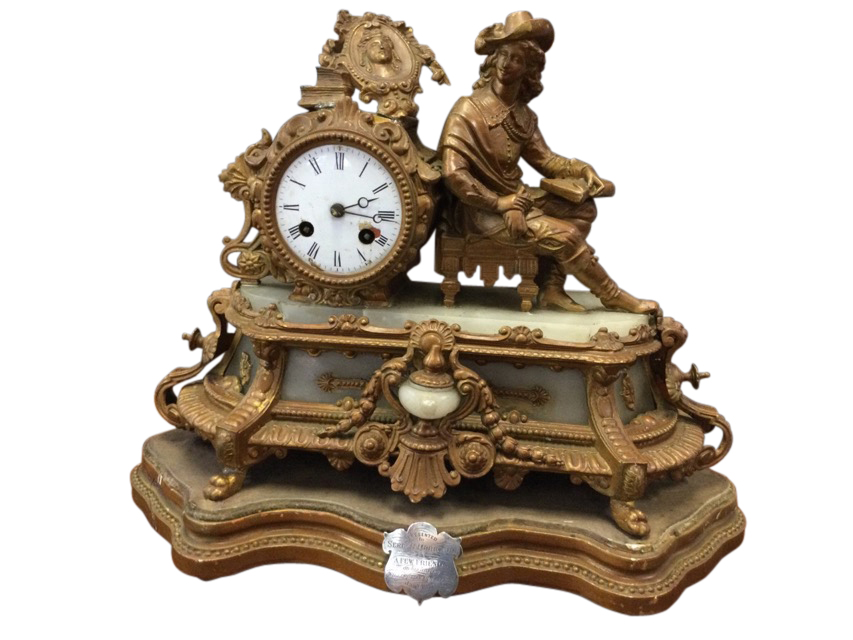 A Victorian French style gilt spelter & marble clock, the stand with presentational shield dated