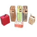 Three jerry cans - 1944 & 1945; a Shell motor spirit can; a Valor can; and a modern petrol can. (6)