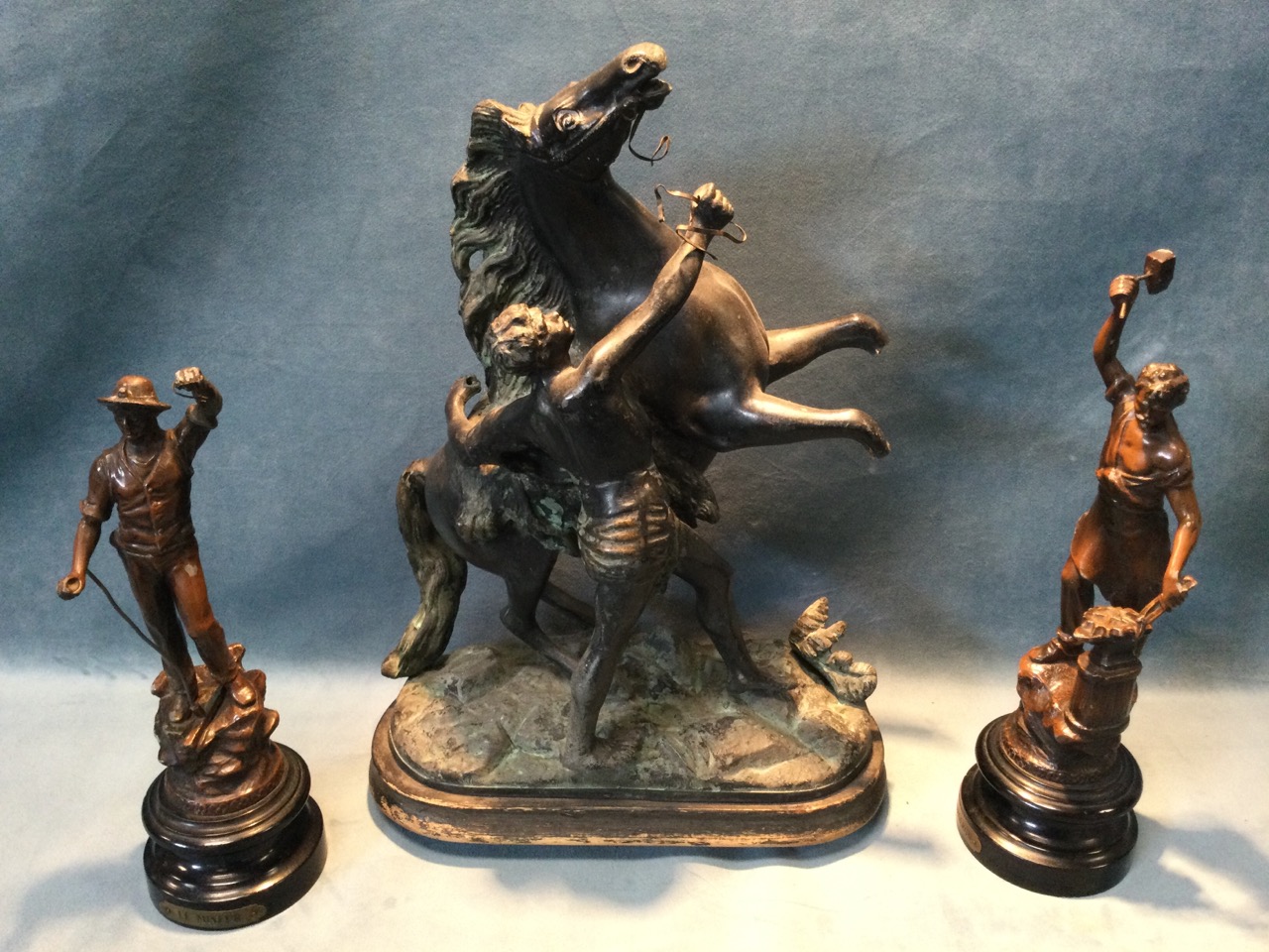 A late Victorian spelter marli horse & slave with bronze patination, raised on rectangular rounded - Image 2 of 3