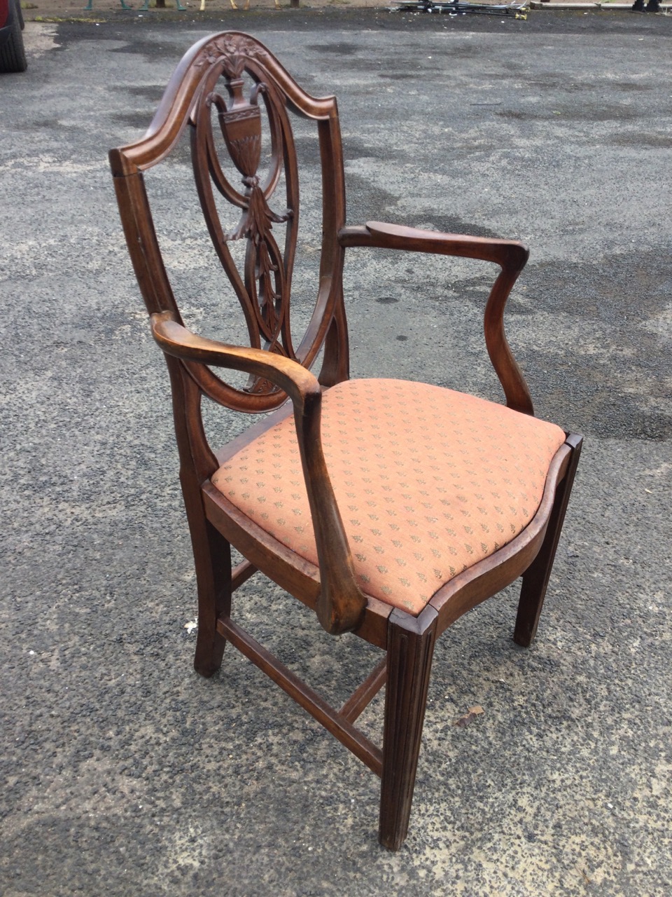 A pair of Victorian Hepplewhite style mahogany armchairs, the shield shaped backs with pierced - Image 2 of 3