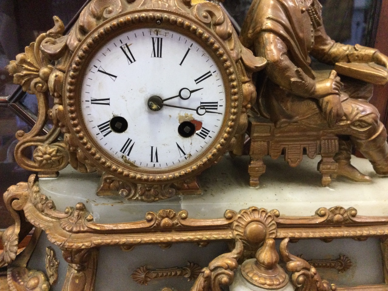 A Victorian French style gilt spelter & marble clock, the stand with presentational shield dated - Image 2 of 3