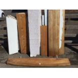 A quantity of wide old pine shelving boards from a pantry, the shelves of various sizes, painted,