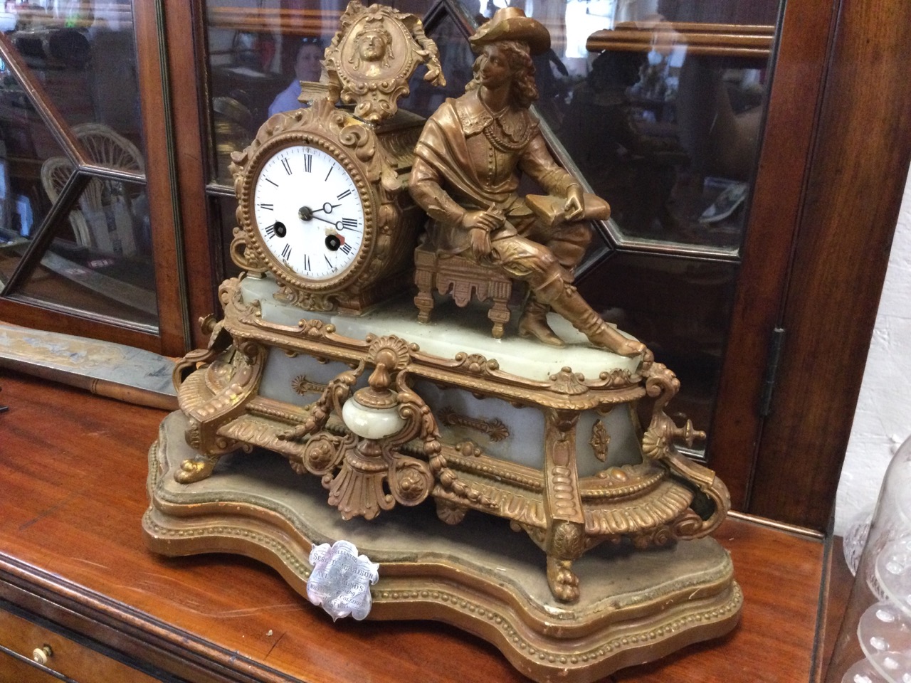 A Victorian French style gilt spelter & marble clock, the stand with presentational shield dated - Image 3 of 3