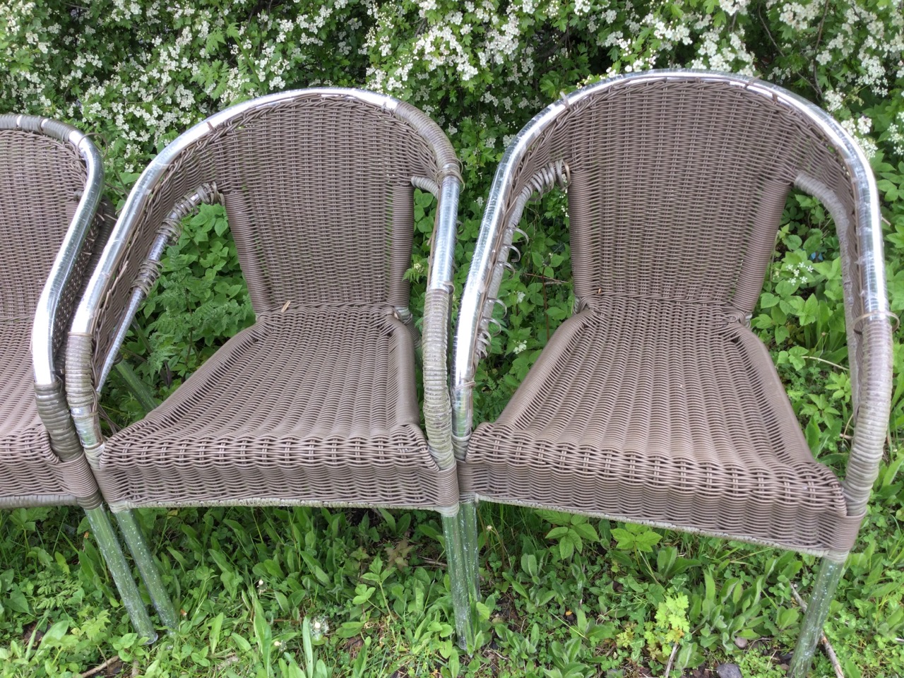 A set of five tubular chrome metal chairs with rounded frames, having faux cane backs & seats, - Image 3 of 3