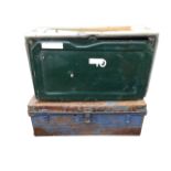 A rectangular painted tin trunk with carrying handles to ends; and a panelled military style box