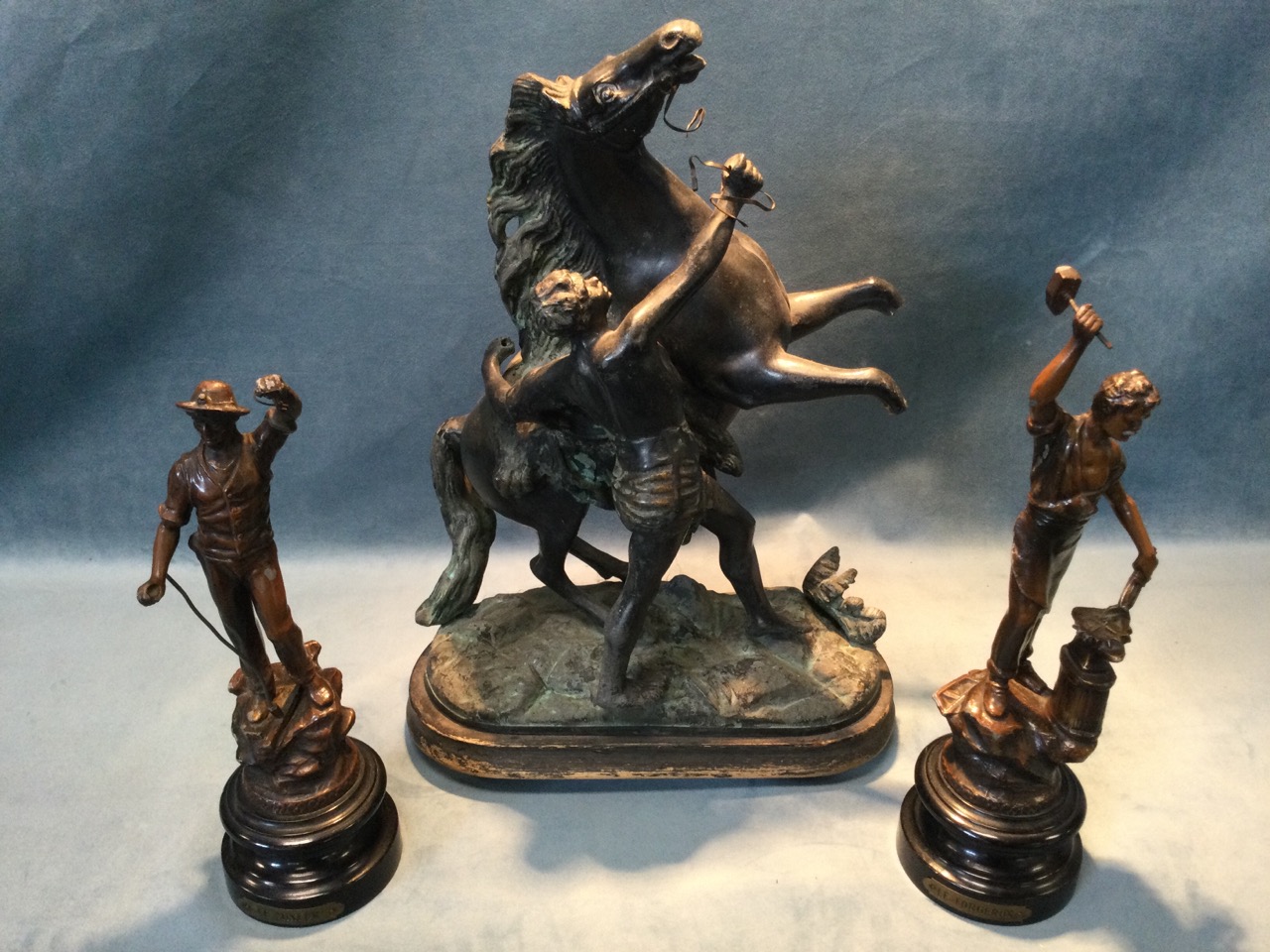 A late Victorian spelter marli horse & slave with bronze patination, raised on rectangular rounded - Image 3 of 3