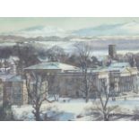 Ian Campbell, watercolour, winter landscape with classical building, signed & dated, mounted &