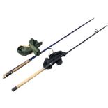 A Greys G series 9ft two-piece spinning rod in sleeve - mint; and a Milbro two-piece trout fly rod