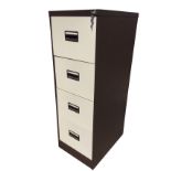 A modern four drawer metal filing cabinet, with cup handles for labels, complete with keys. (18in
