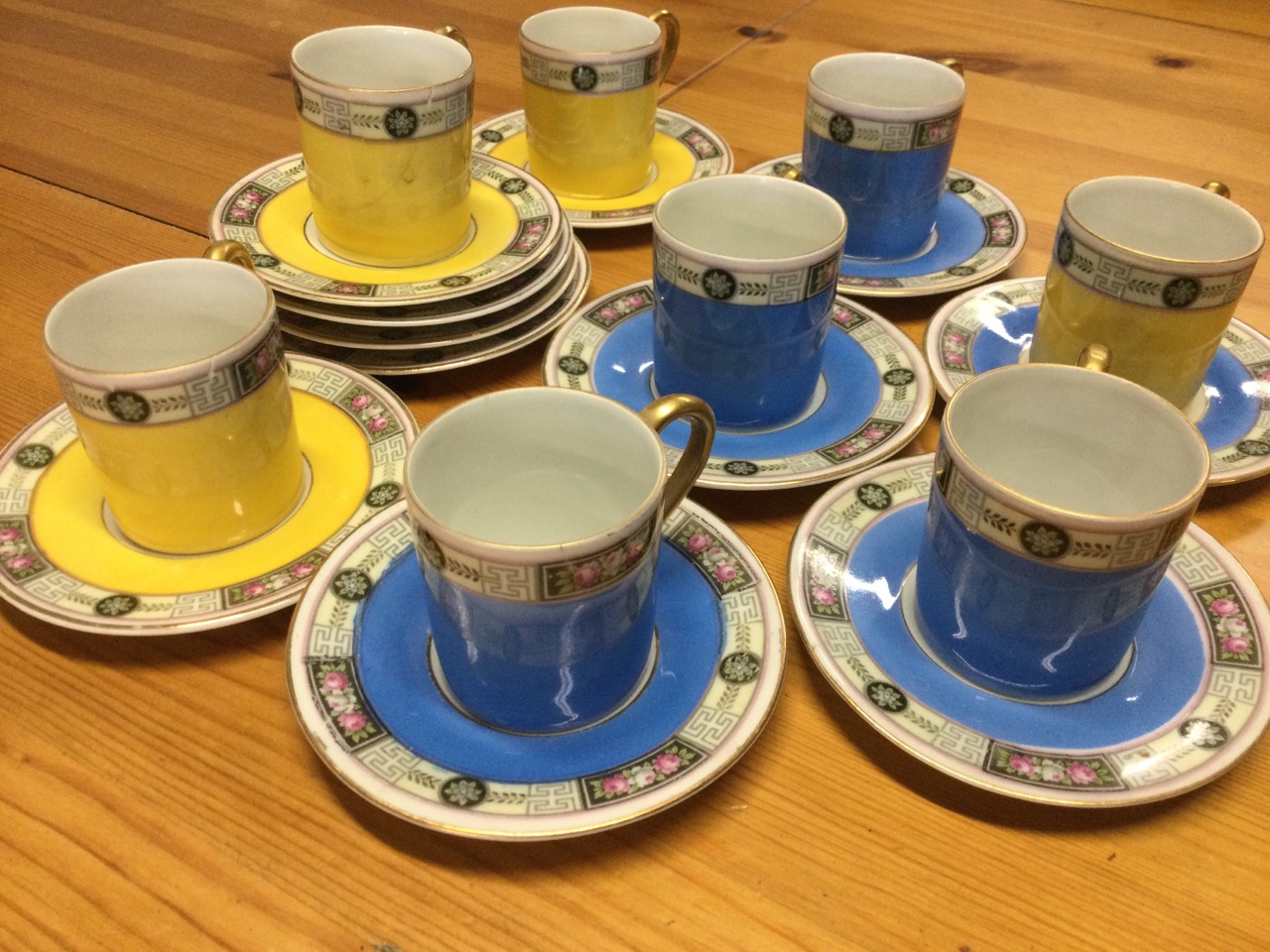 An Edwardian German Altwasser part coffee set with yellow & blue tubular cans having floral borders. - Image 2 of 3