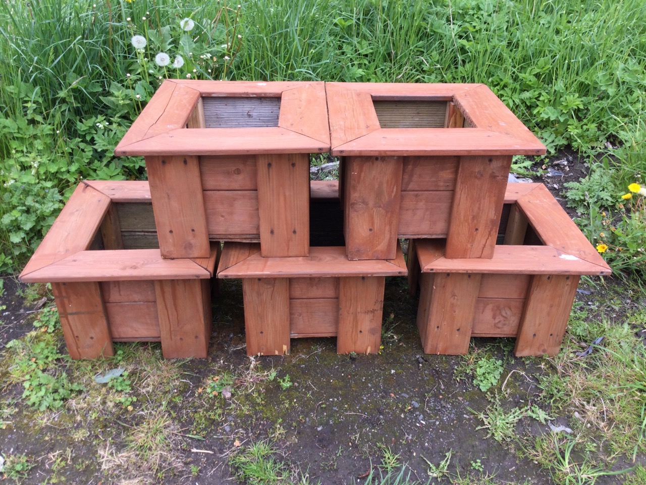 Five stained pine square plant boxes with flat rims - unused. (18in x 19.75in x 12.25in) (5)