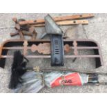 Miscellaneous items including a Victorian steel fender, a set of chimneysweep brushes, three