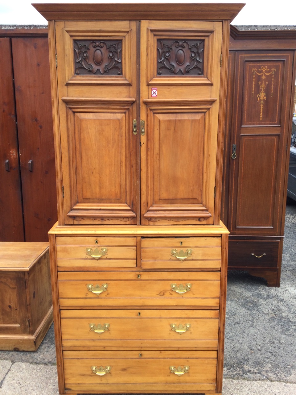 A married Victorian satin walnut press cupboard, with moulded cornice above two scroll carved and - Image 2 of 3