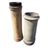 A tubular stoneware chimney pot with ring moulded rim - 30.75in; and another taller - 38.25in. (2)