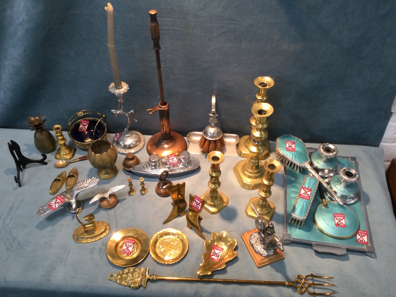 Miscellaneous brass & chrome including two pairs of Victorian candlesticks, three heavy car mascot