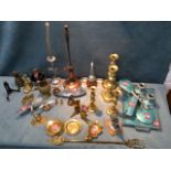 Miscellaneous brass & chrome including two pairs of Victorian candlesticks, three heavy car mascot