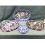 Three large Victorian blue & white willow pattern 18in ashets; and a set of three nineteenth century