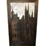 Clare Money, oil on board, townscape with buildings, signed to verso, framed. (23.5in x 43.75in)