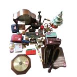 Miscellaneous items including lighters, cased cameras, a barometer, clocks, a set of hall brushes, a