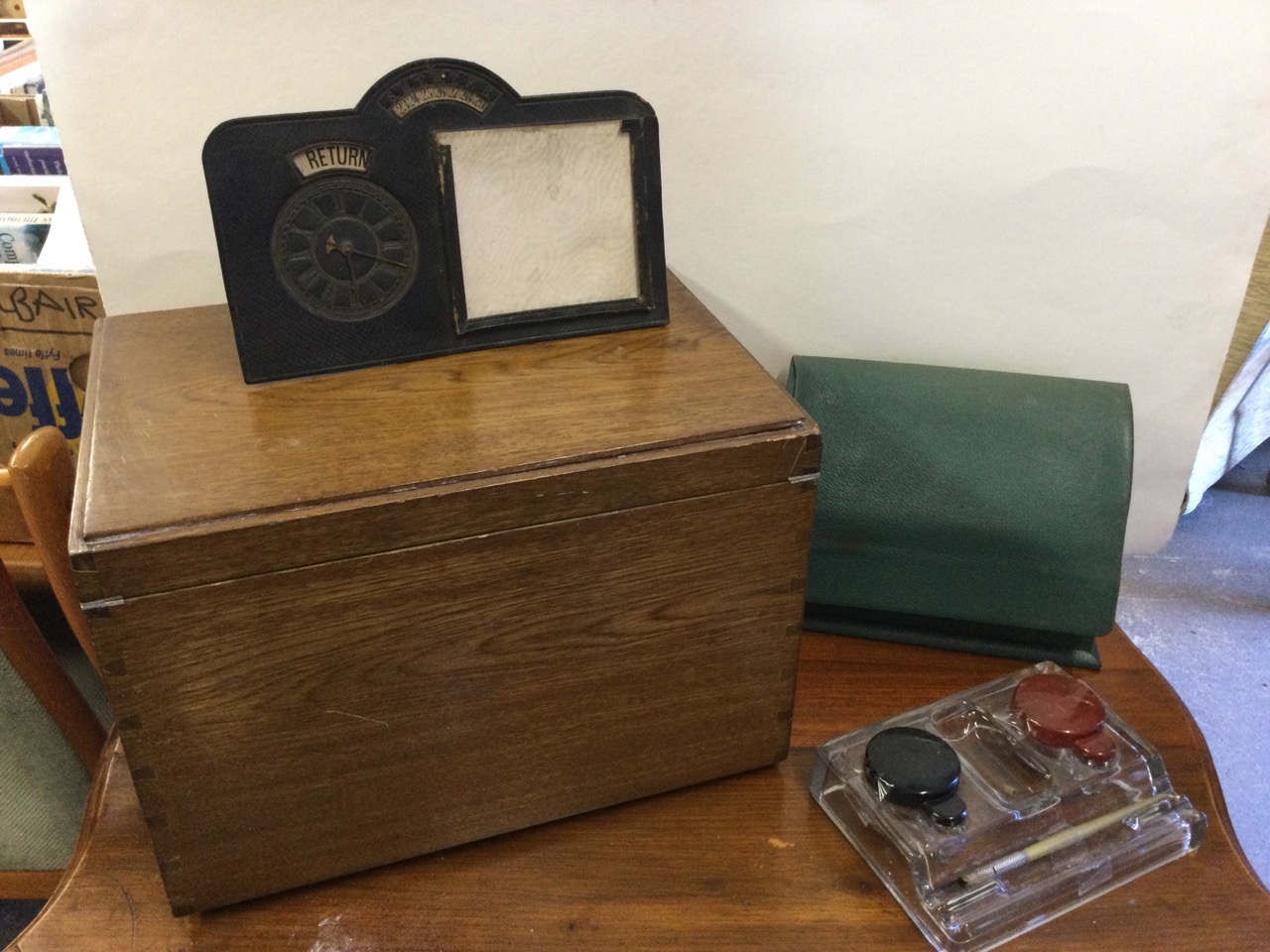 A dovetailed oak box with two sliding internal trays; a Moroccan leather desk stationary compartment