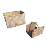 A large rectangular cane log basket with wood base, having handles to ends; and a cane flower trug