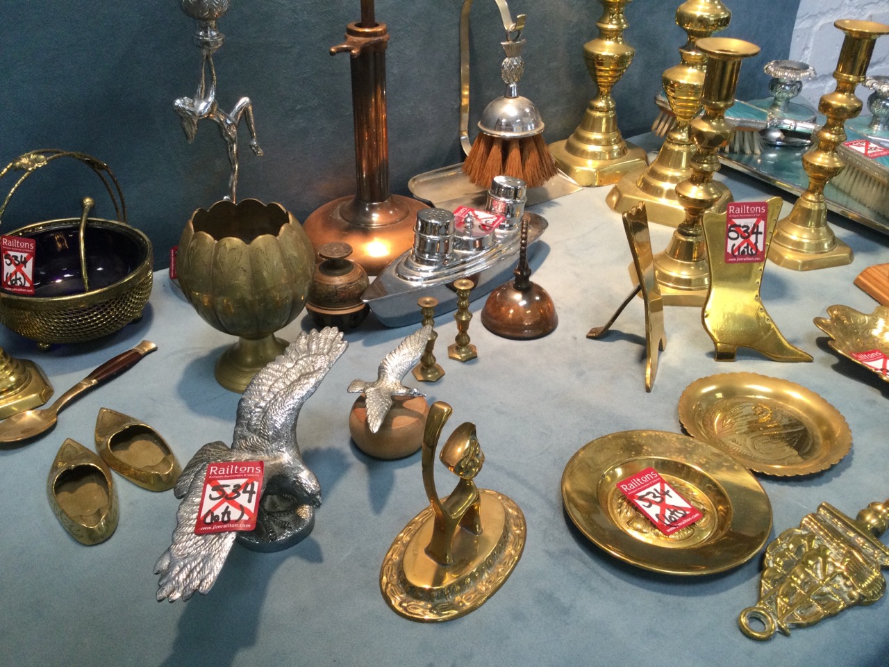 Miscellaneous brass & chrome including two pairs of Victorian candlesticks, three heavy car mascot - Image 3 of 3