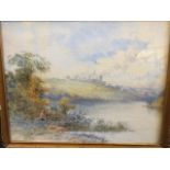 Twentieth century English school, watercolour, river landscape with figure in foreground, possibly